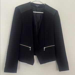 Nine West Black Blazer with Silver Zippers and Faux Leather Shoulder Trim